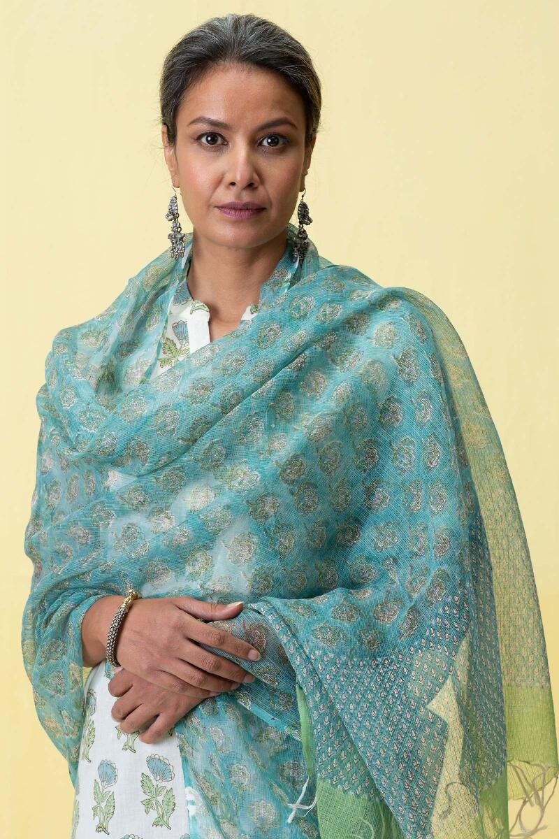 Blue Block Printed Kota Dupatta