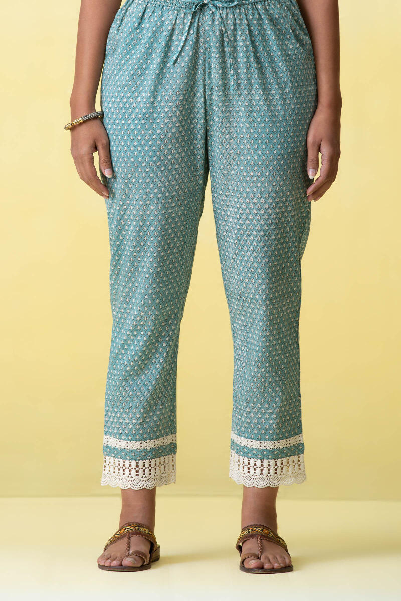 Blue Block Printed Cotton Narrow Pants