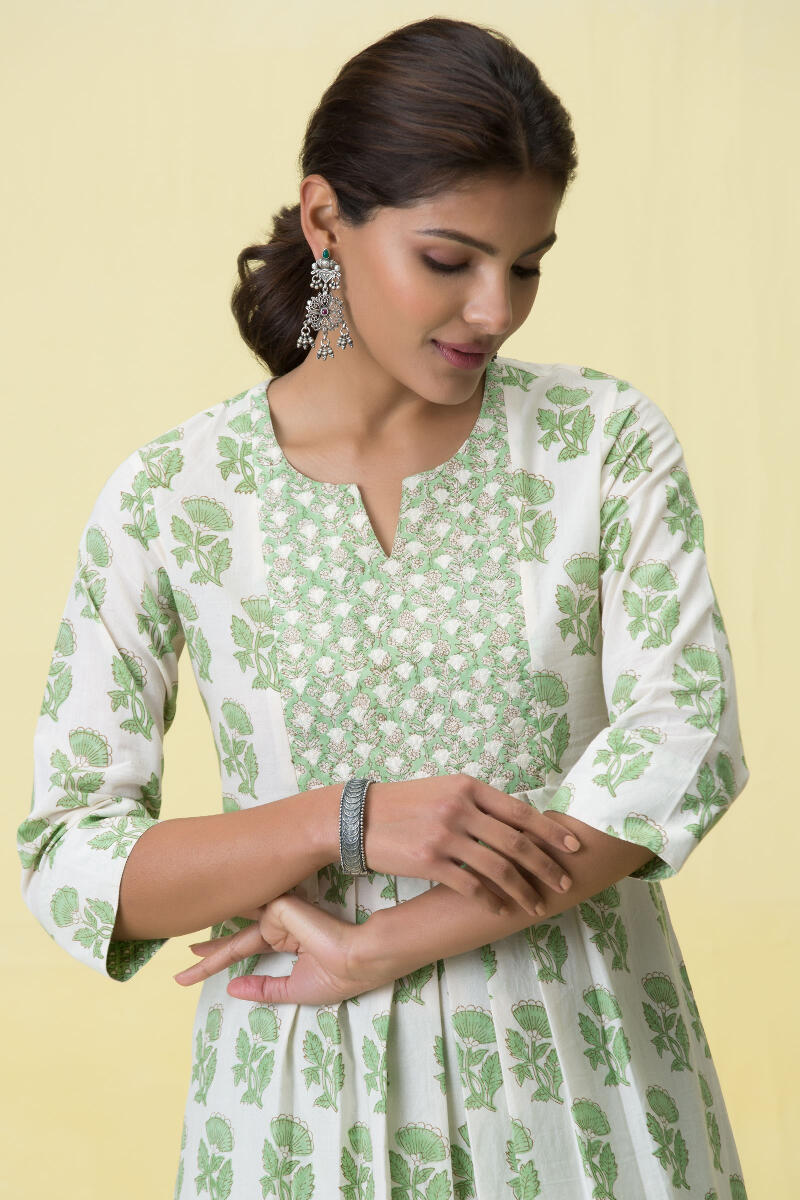 Green Block Printed A-Line Cotton Kurta