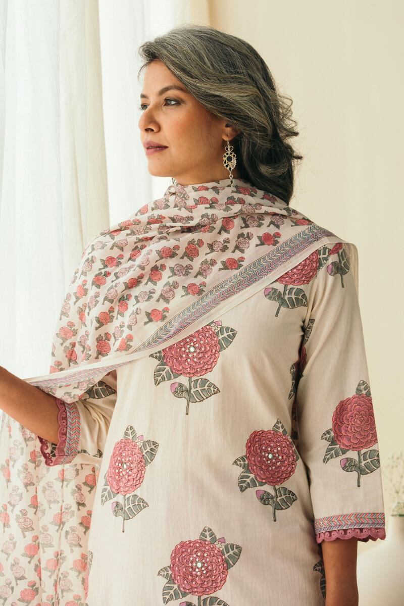 Pink Block Printed Cotton Dupatta