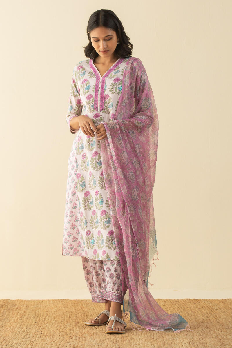 Purple Block Printed Straight Cotton Kurta
