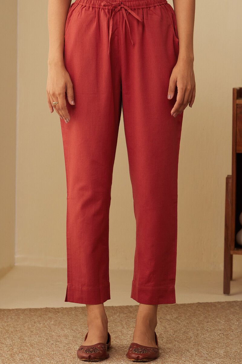 Red Handcrafted Cotton Flax Narrow Pants