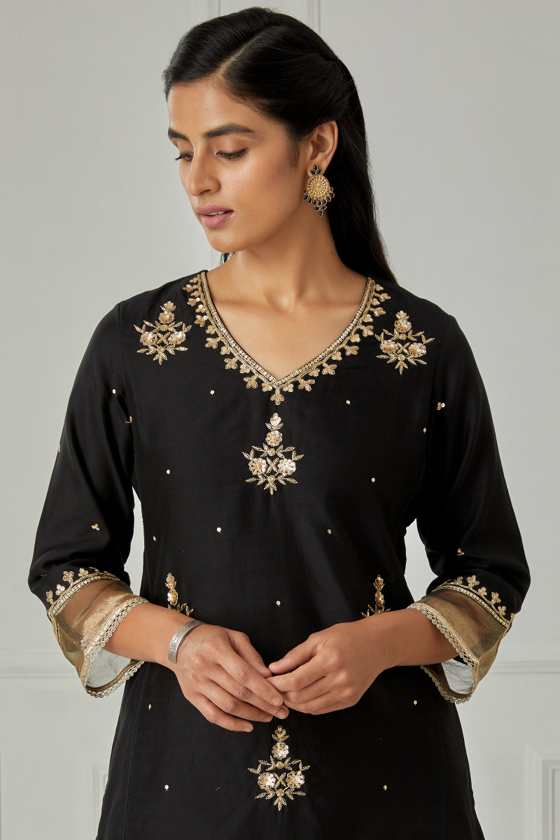 Black Handcrafted Straight Chanderi Kurta