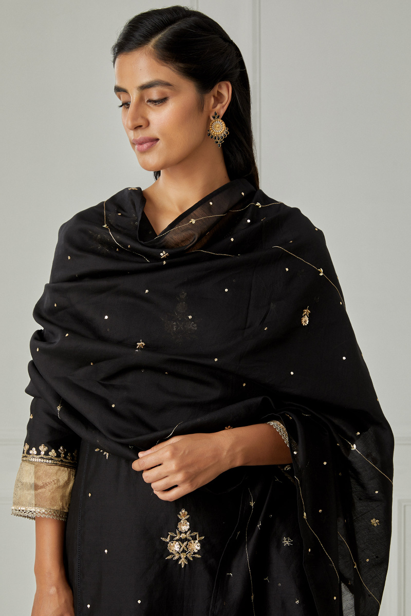 Black Handcrafted Cotton Silk Dupatta