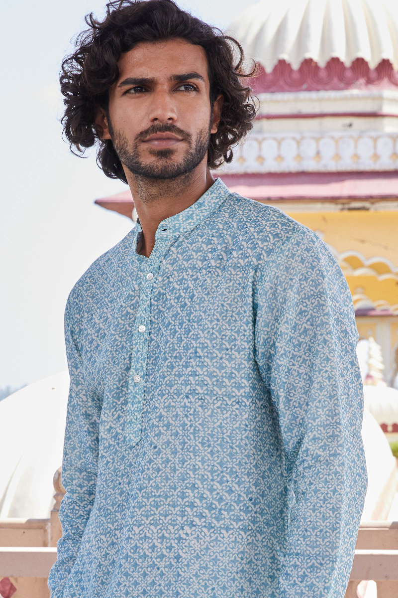 Blue Block Printed Chanderi Kurta