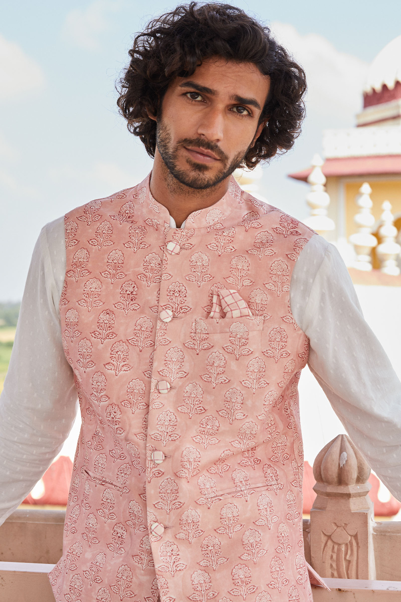 Pink Block Printed Chanderi Nehru Jacket