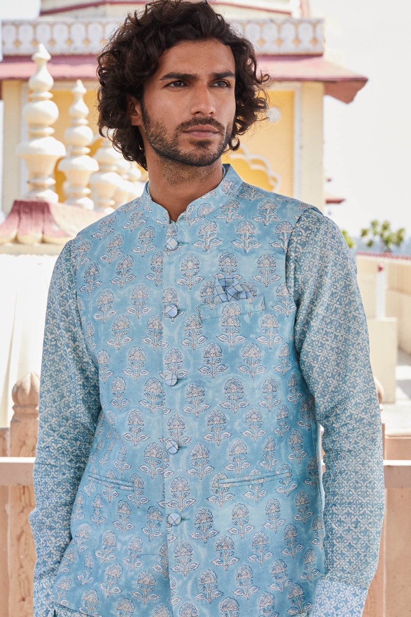 Blue Block Printed Chanderi Nehru Jacket