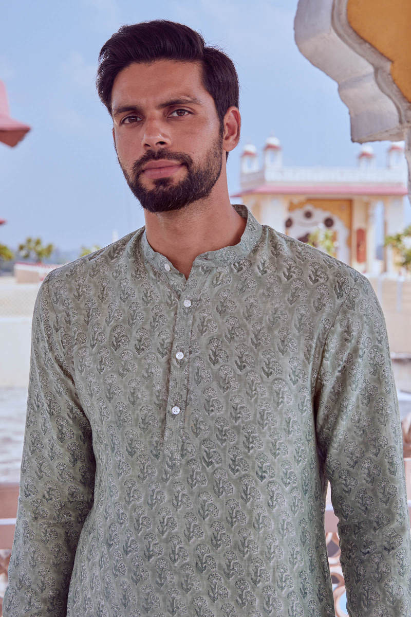 Green Block Printed Chanderi Kurta