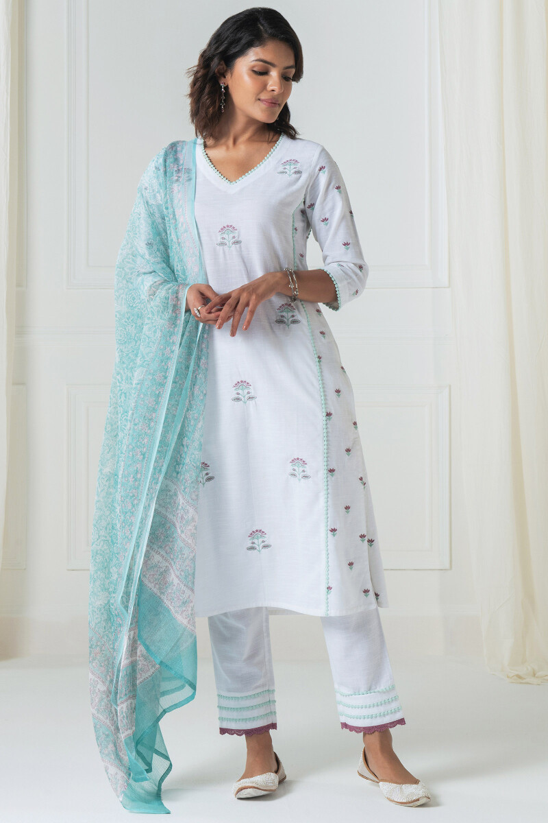 White Handcrafted Cotton Narrow Pants