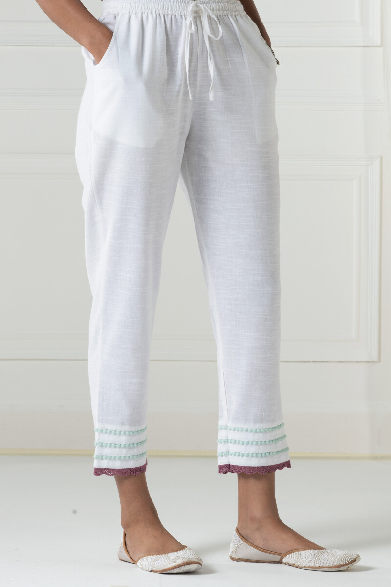White Handcrafted Cotton Narrow Pants