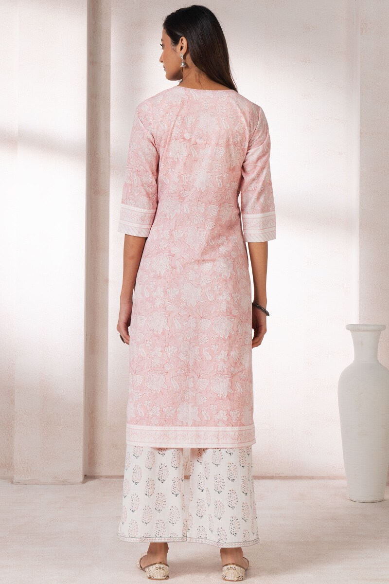 Peach Block Printed Straight Cotton Kurta