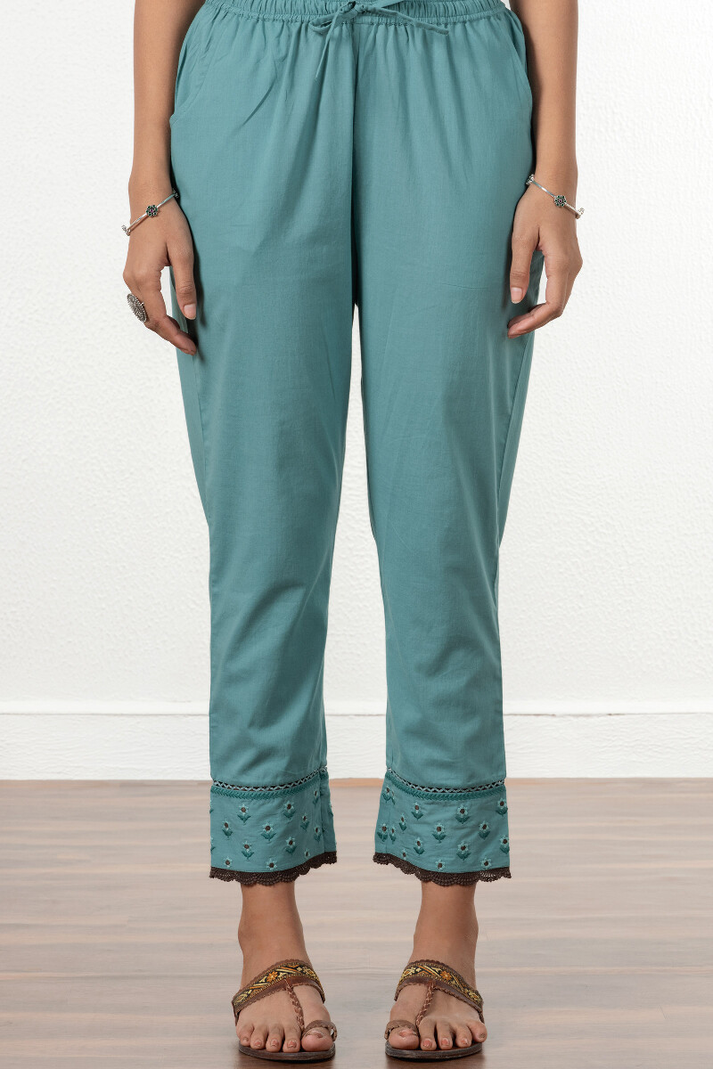 Turquoise Handcrafted Cotton Narrow Pants