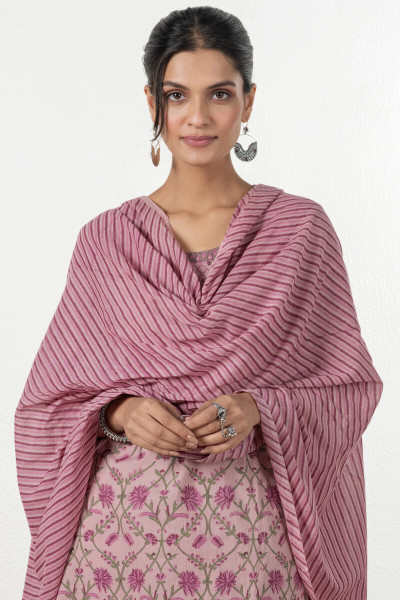 Pink Block Printed Cotton Dupatta