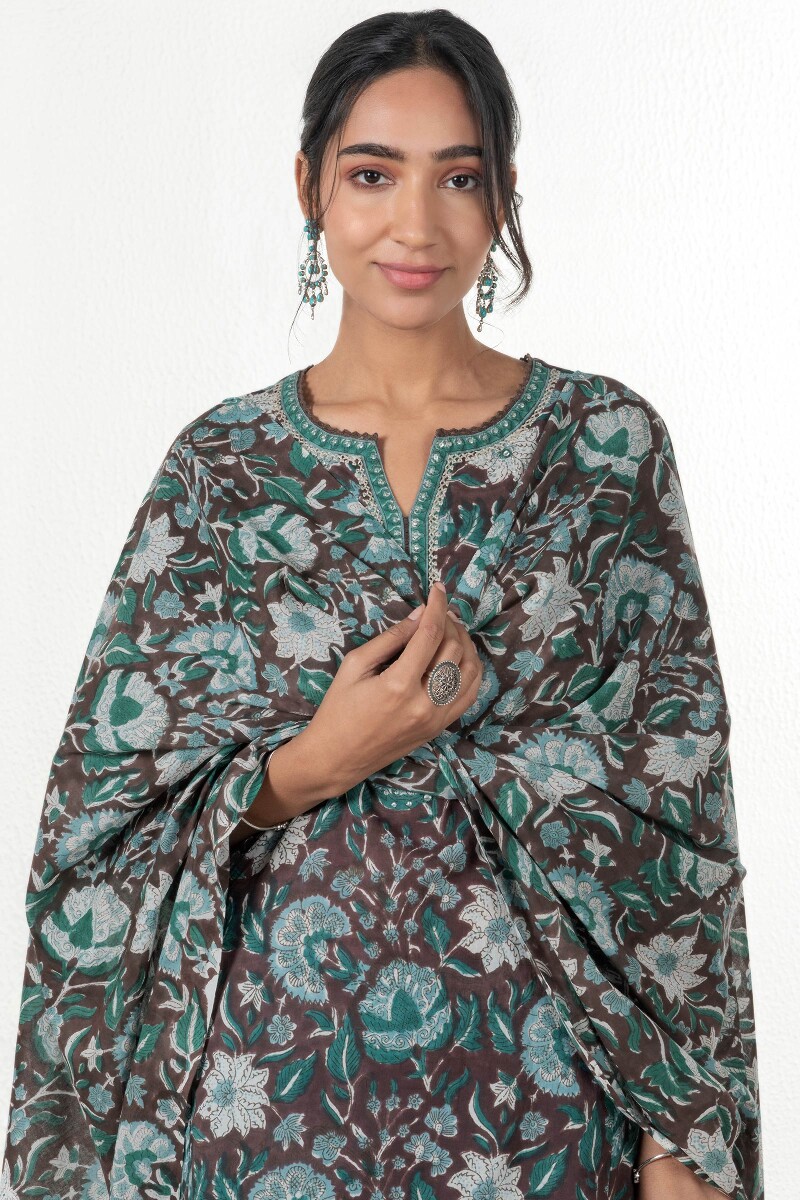 Brown Block Printed Cotton Dupatta