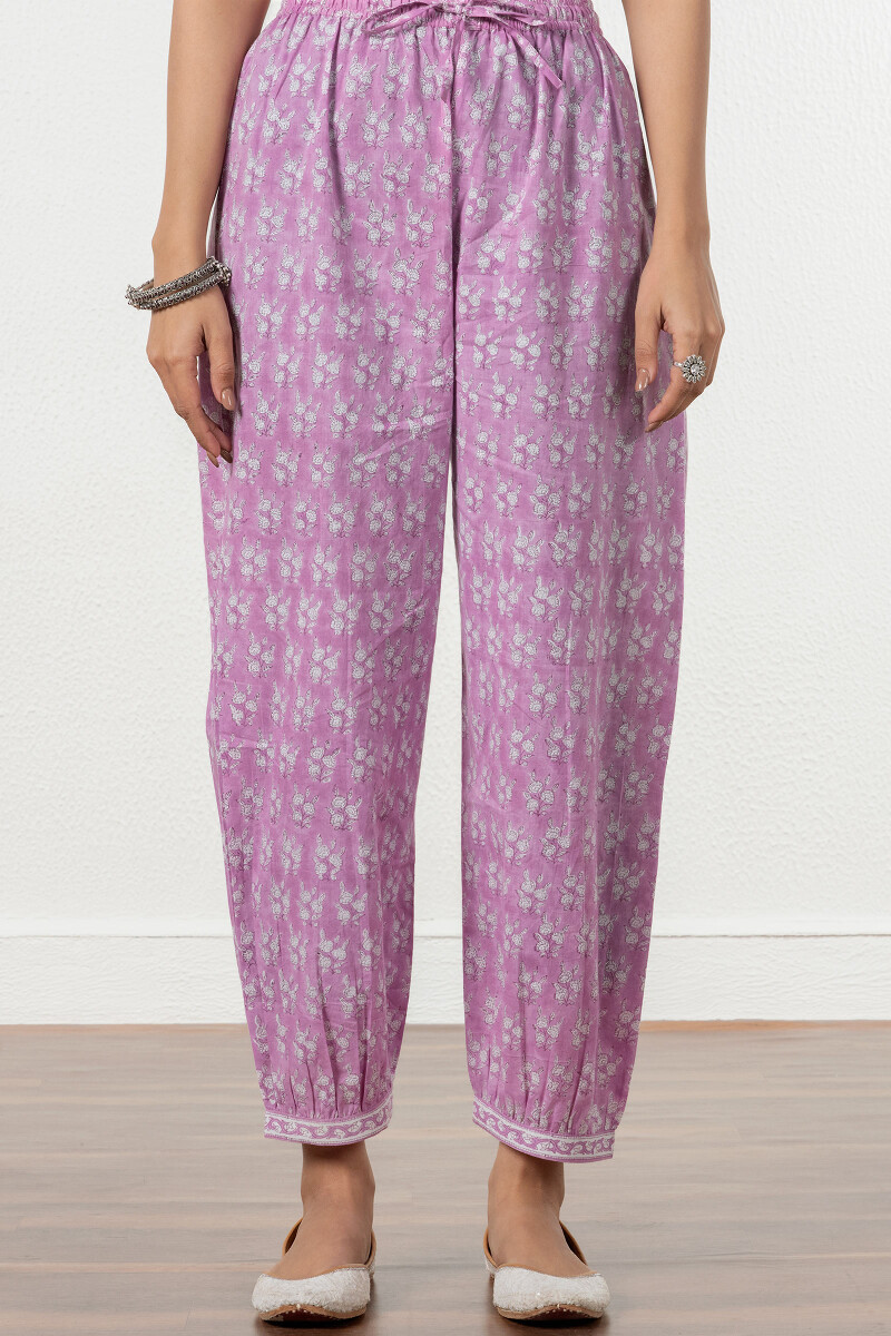 Purple Block Printed Cotton Izhaar Pants
