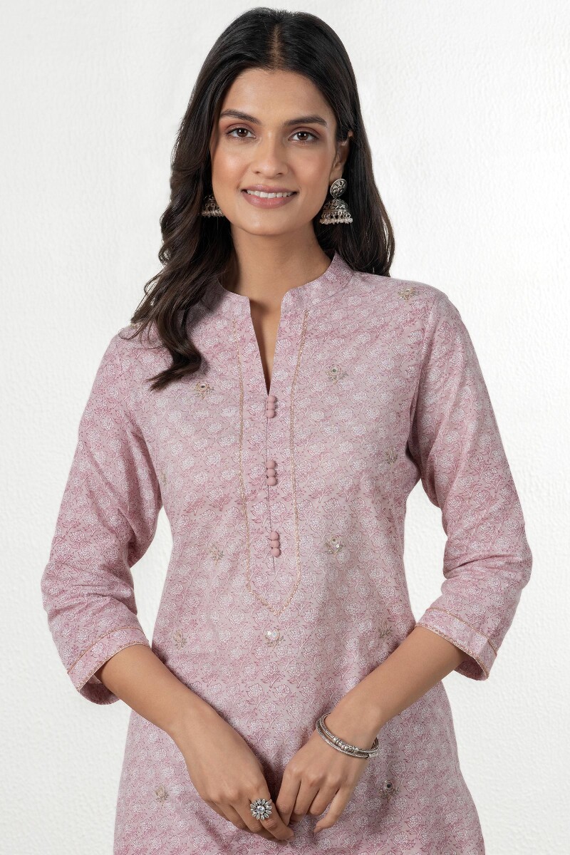 Pink Block Printed Straight Cotton Kurta