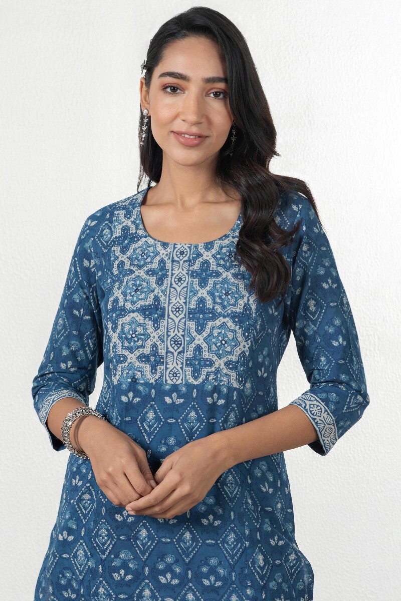 Indigo Block Printed Straight Cotton Kurta