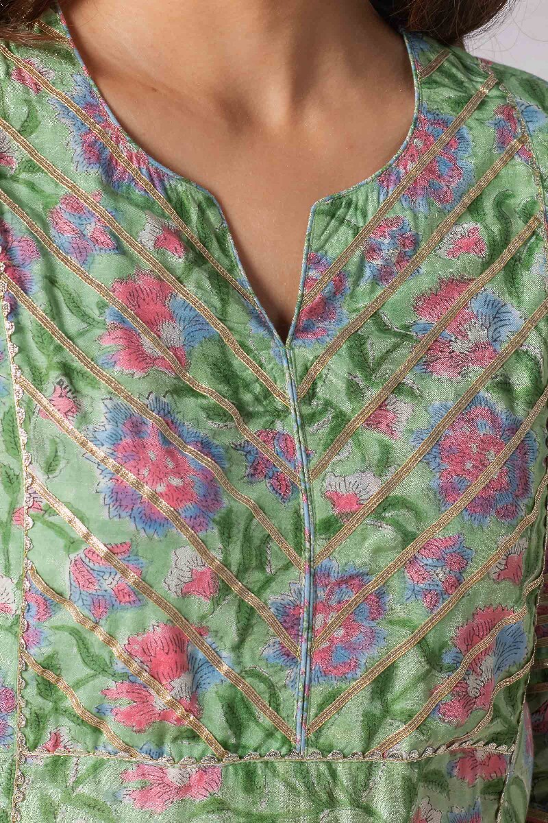 Green Block Printed Straight Cotton Kurta