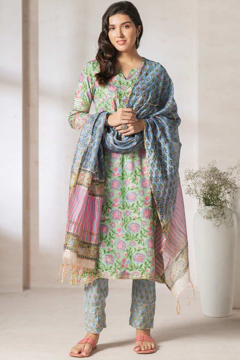 Green Block Printed Straight Cotton Kurta