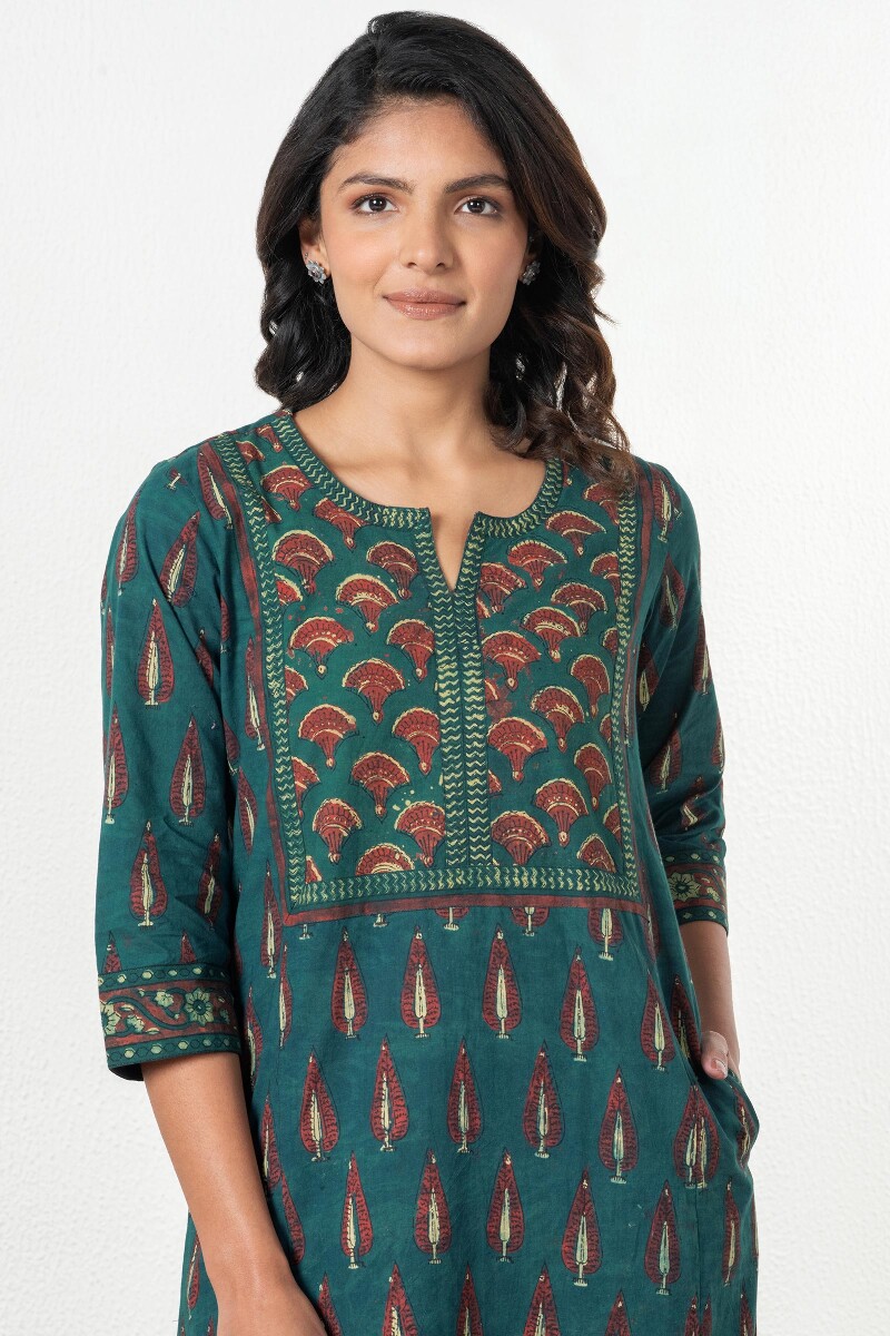 Green Block Printed Cotton Kaftan