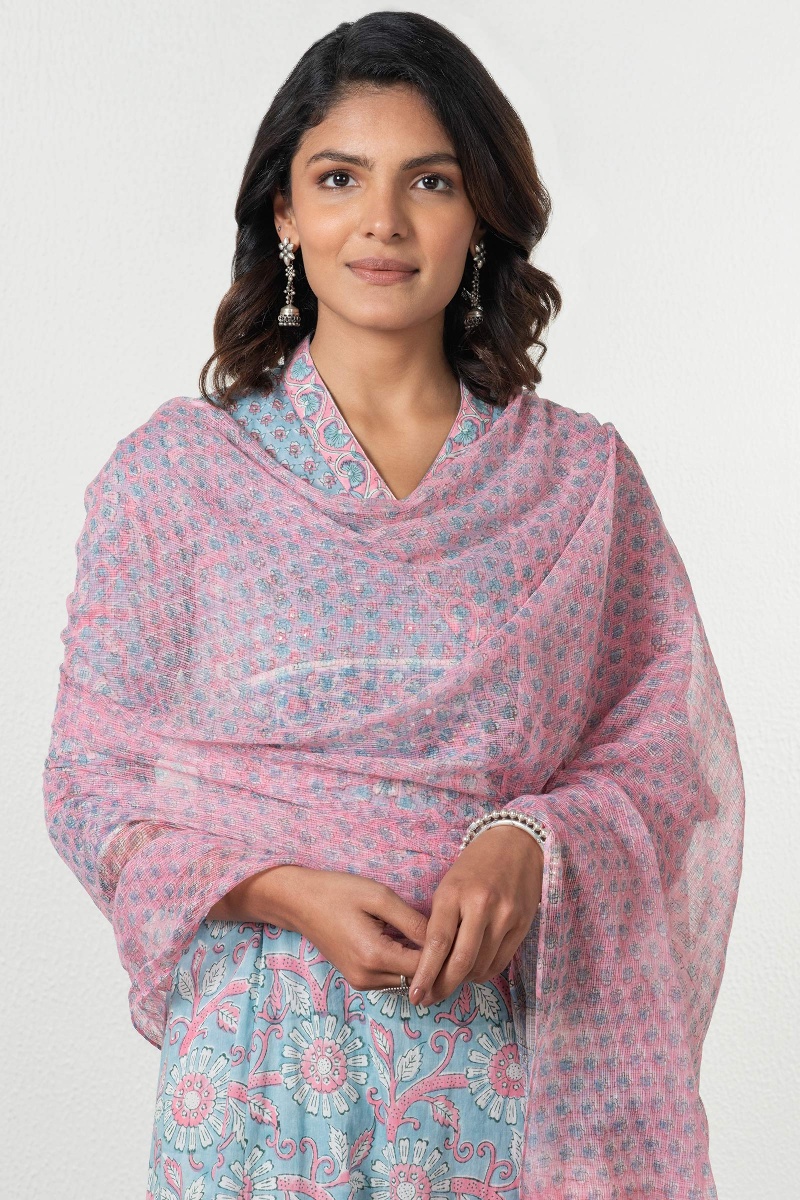 Pink Block Printed Kota Dupatta