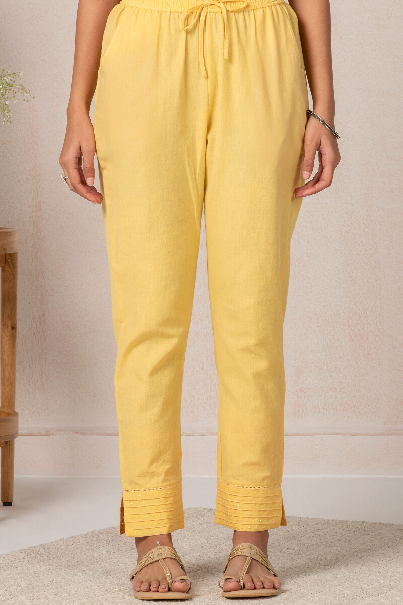 Yellow Handcrafted Cotton Narrow Pants