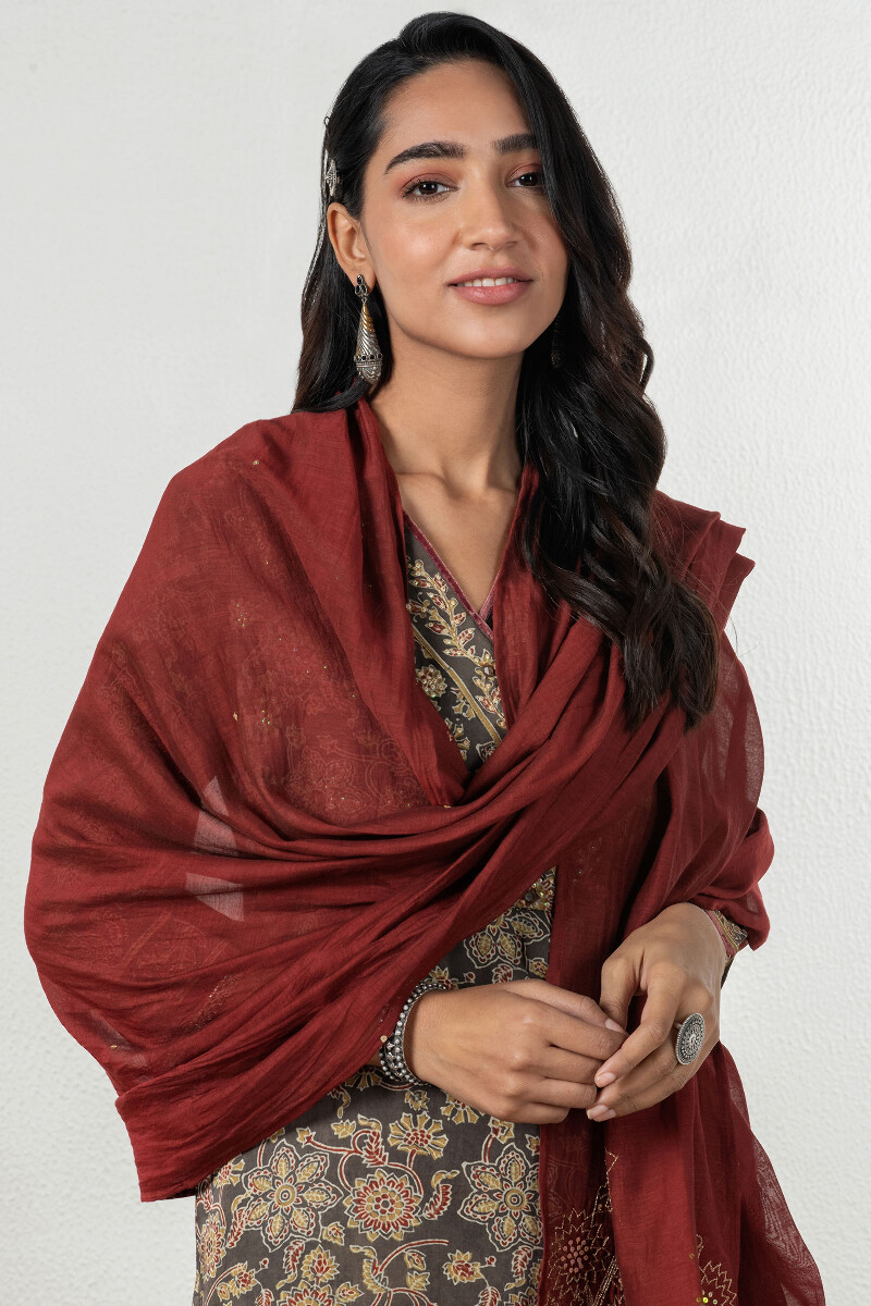 Red Handcrafted Cotton Silk Dupatta