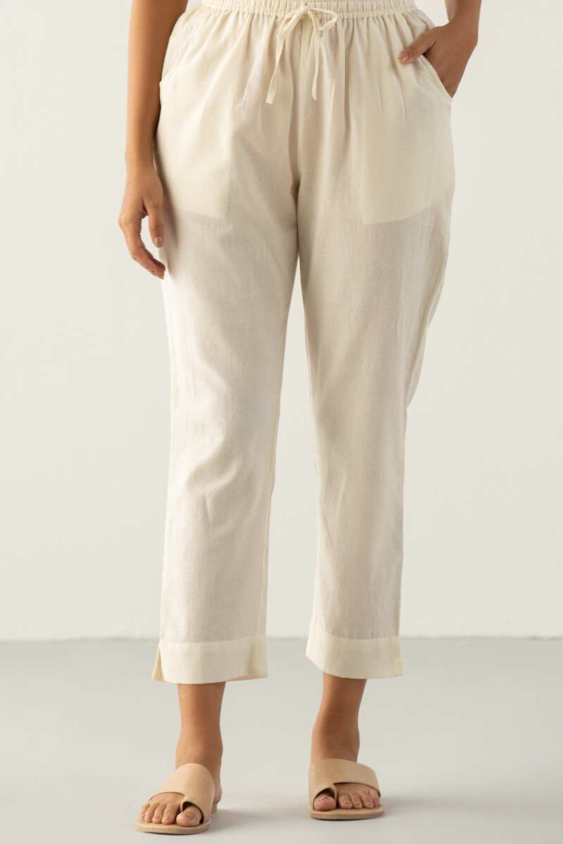 White Handcrafted Cotton Narrow Pants