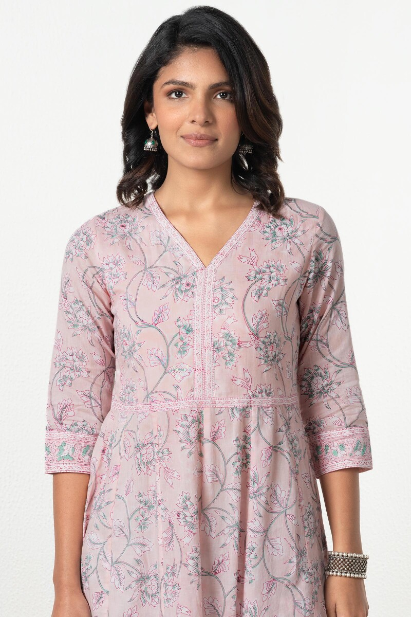 Pink Block Printed Anarkali Cotton Kurta
