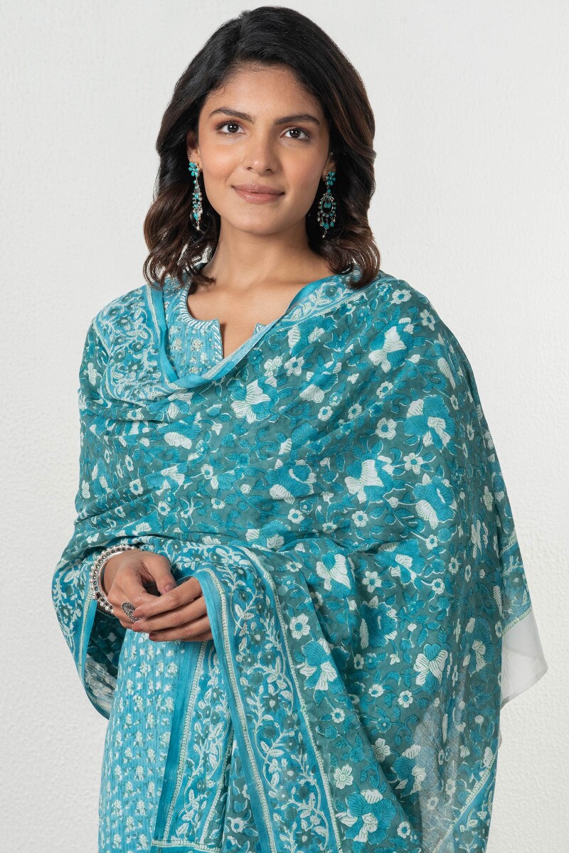 Green Block Printed Cotton Dupatta