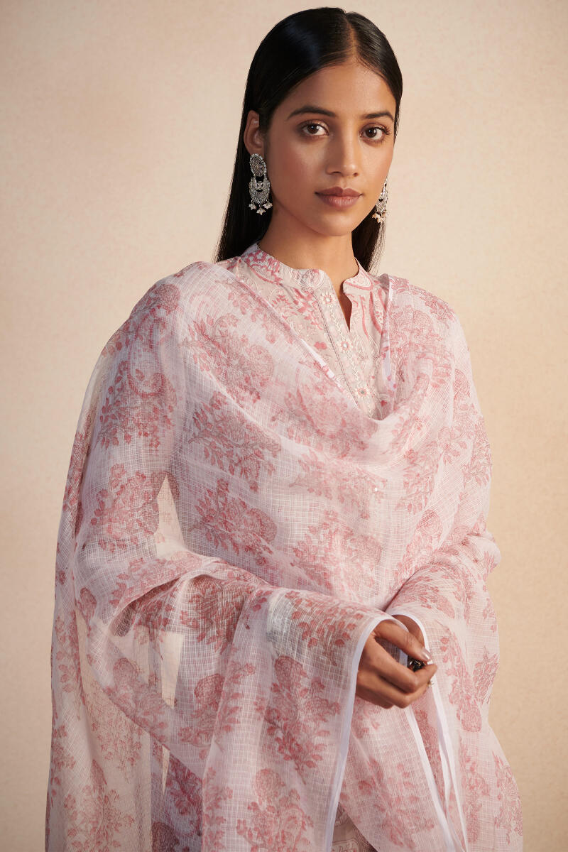 White Block Printed Kota Dupatta