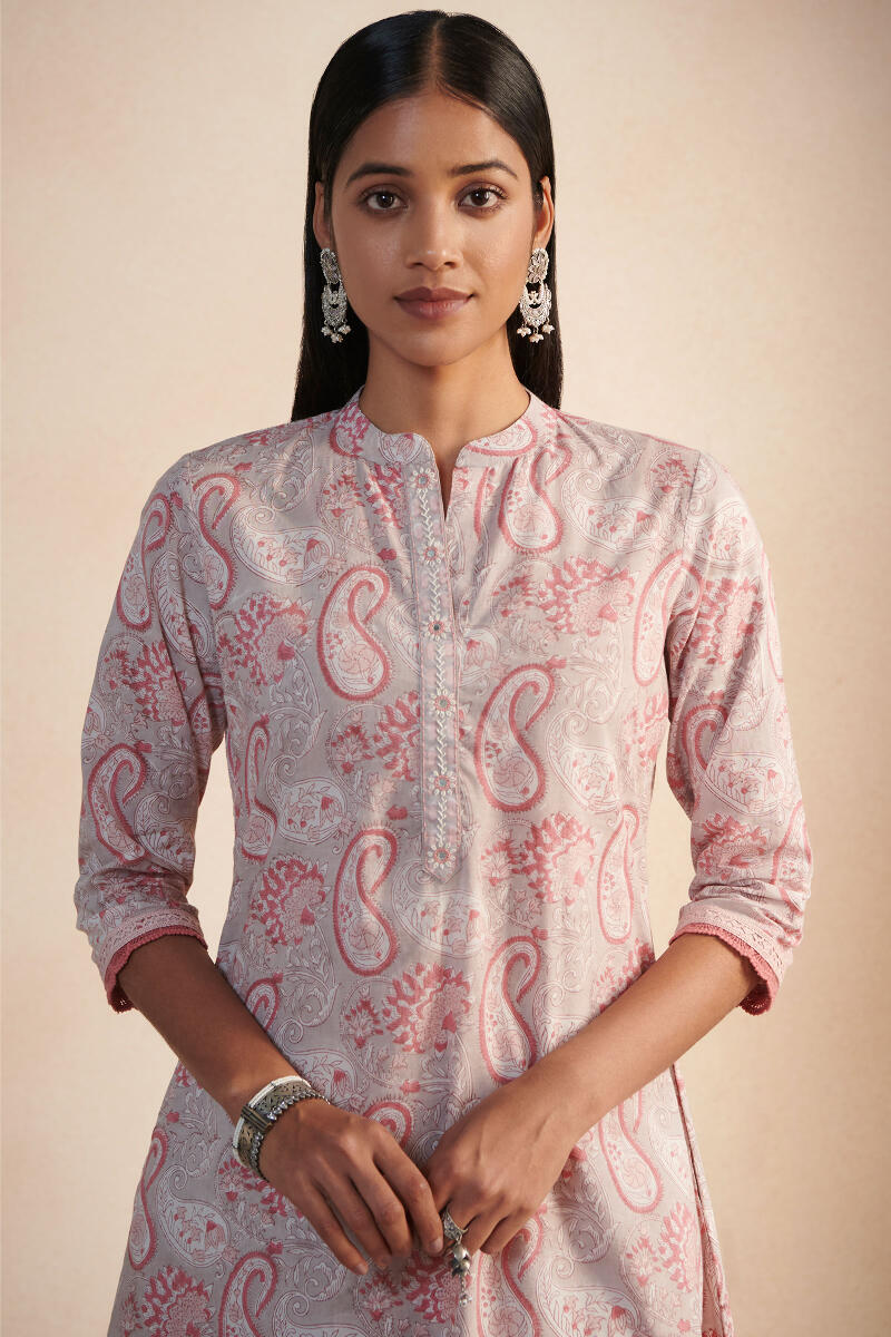 Grey Block Printed Straight Cotton Kurta