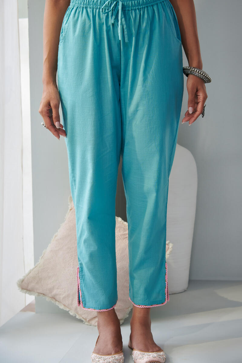 Blue Handcrafted Cotton Linen Narrow Pants