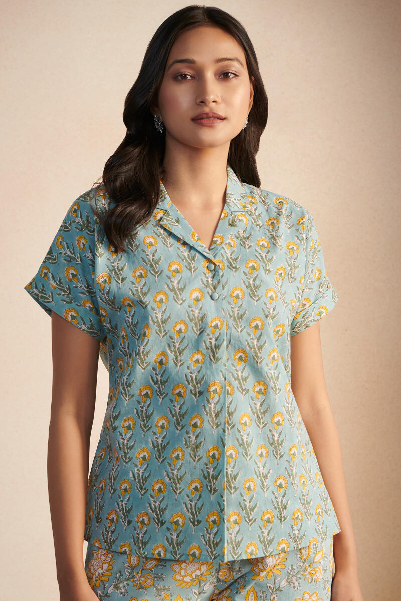 Blue Block Printed Cotton Pyjama Set
