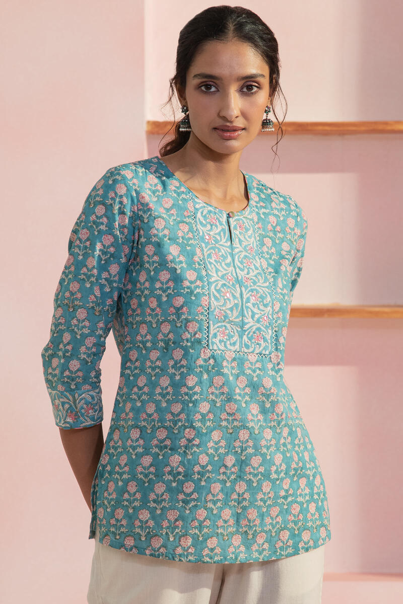 Blue Block Printed Cotton Top