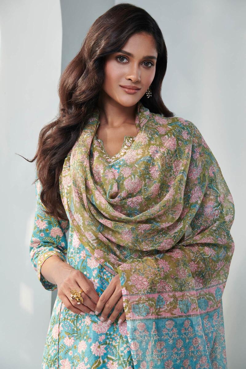 Green Block Printed Kota Dupatta