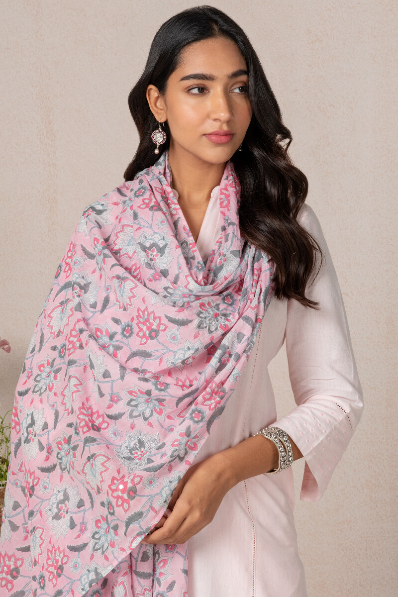 Pink Block Printed Cotton Dupatta