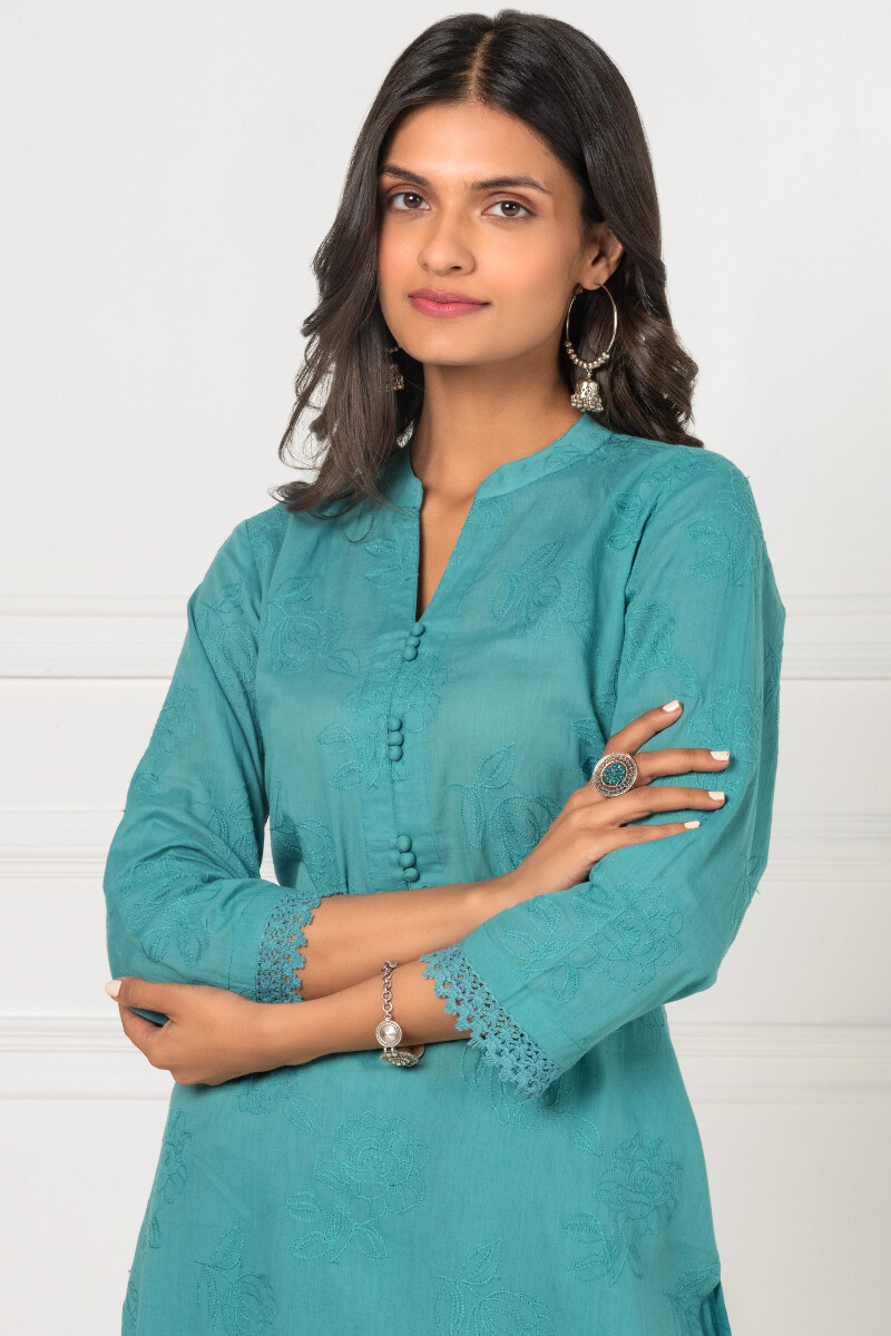 Turquoise Handcrafted Straight Cotton Kurta