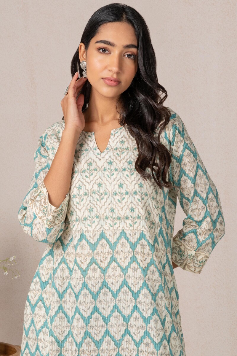 Blue Block Printed Cotton Kaftan