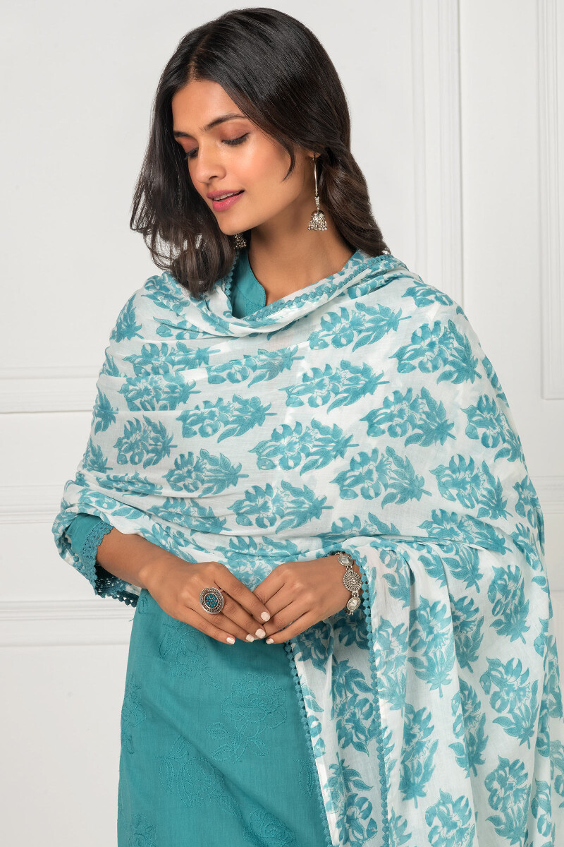 Turquoise Block Printed Cotton Dupatta