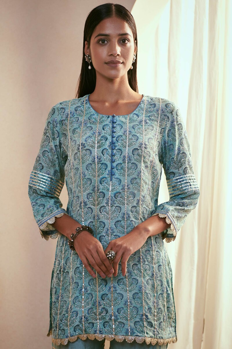 Blue Block Printed Modal Short Kurta