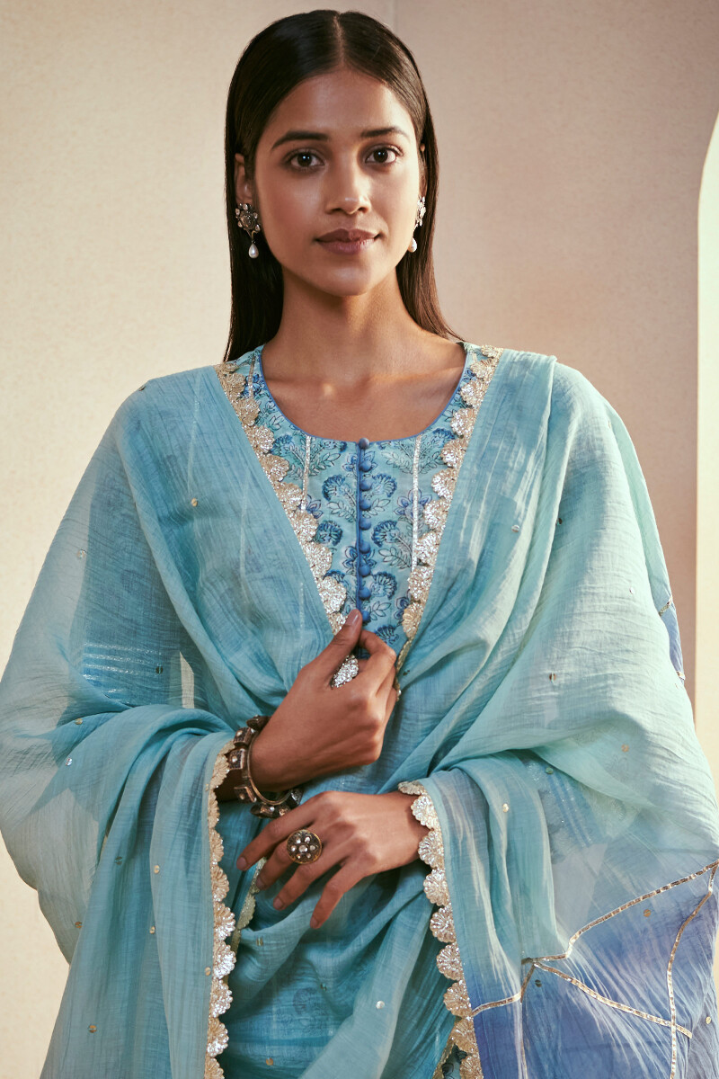 Turquoise Handcrafted Cotton Silk Dupatta