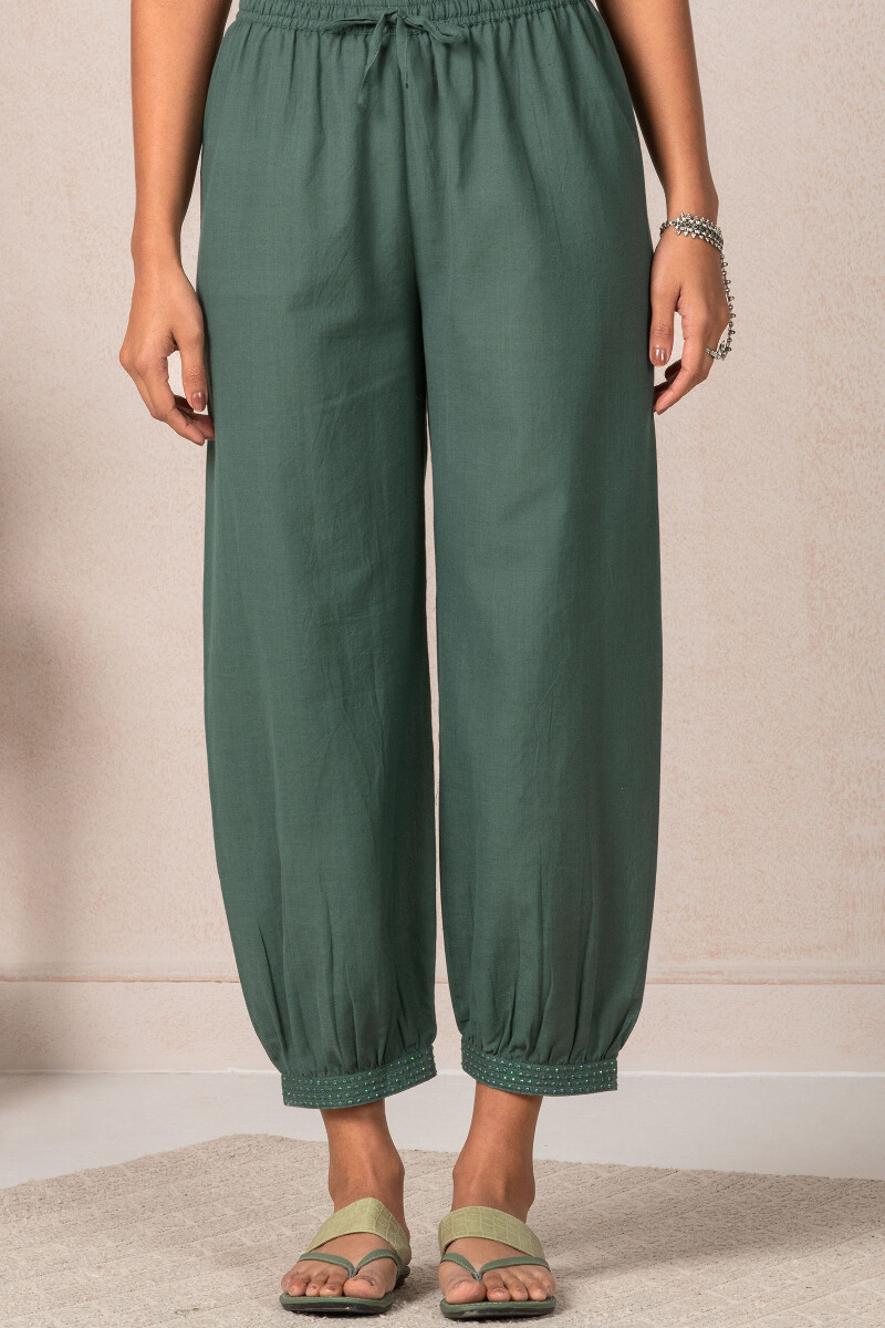 Green Handcrafted Cotton Izhaar Pants