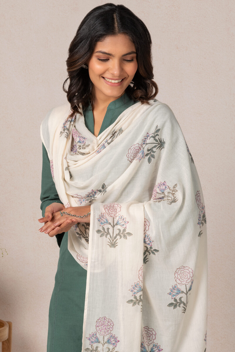 Beige Block Printed Cotton Dupatta