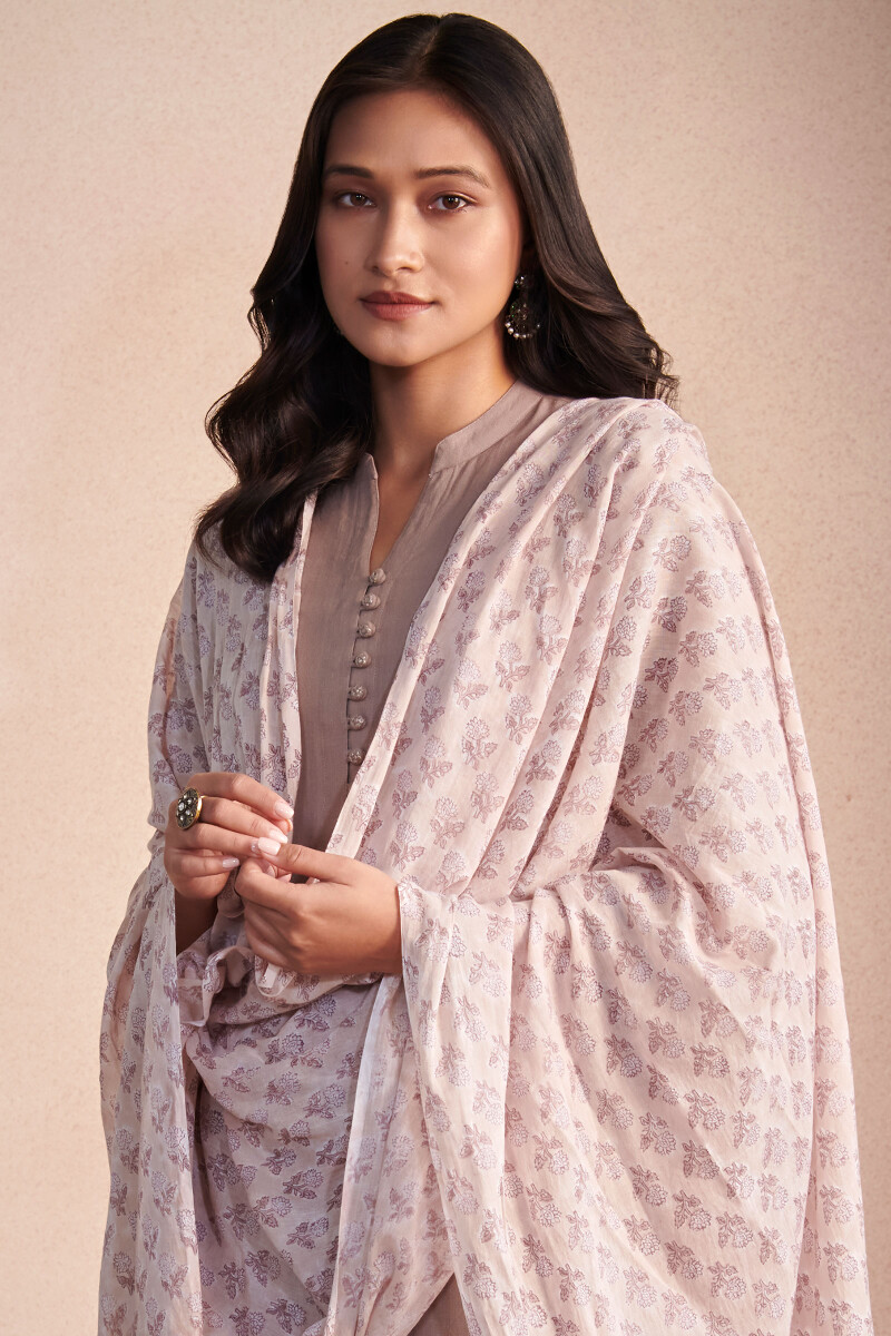 Pink Block Printed Cotton Dupatta