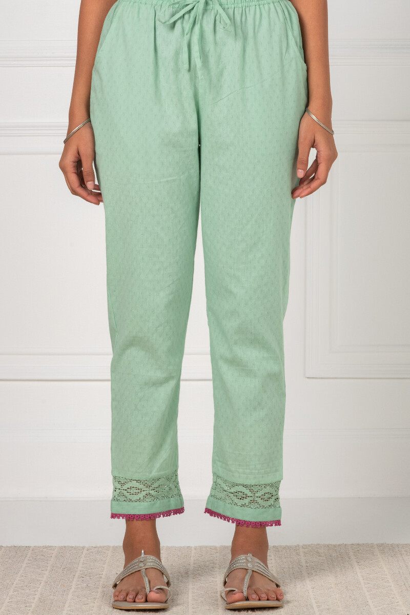 Green Handcrafted Cotton Dobby Narrow Pants