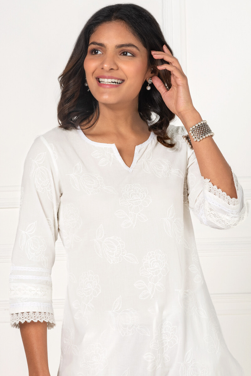White Handcrafted Straight Cotton Kurta
