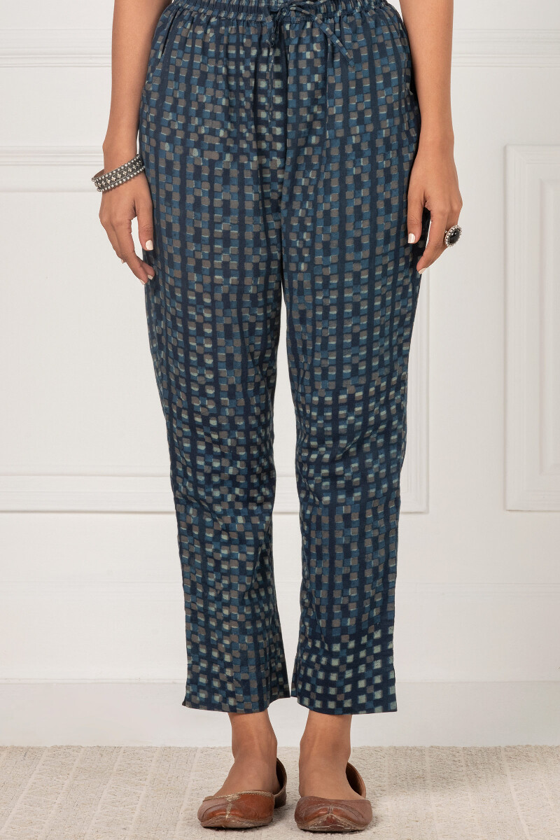 Indigo Block Printed Cotton Narrow Pants
