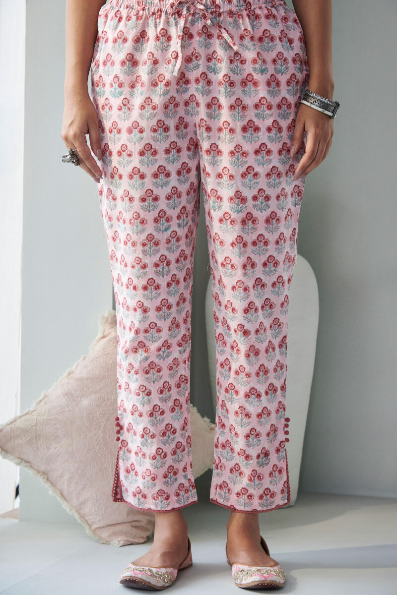 Pink Handcrafted Cotton Narrow Pants