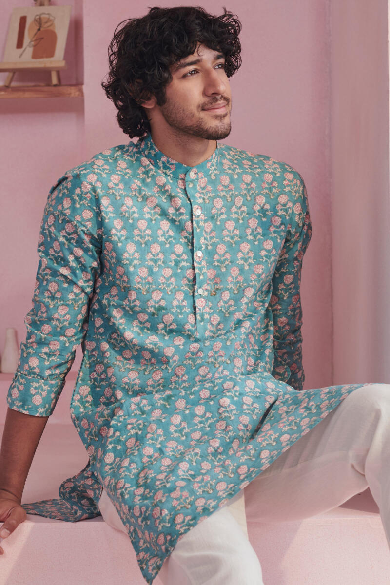 Blue Block Printed Cotton Kurta